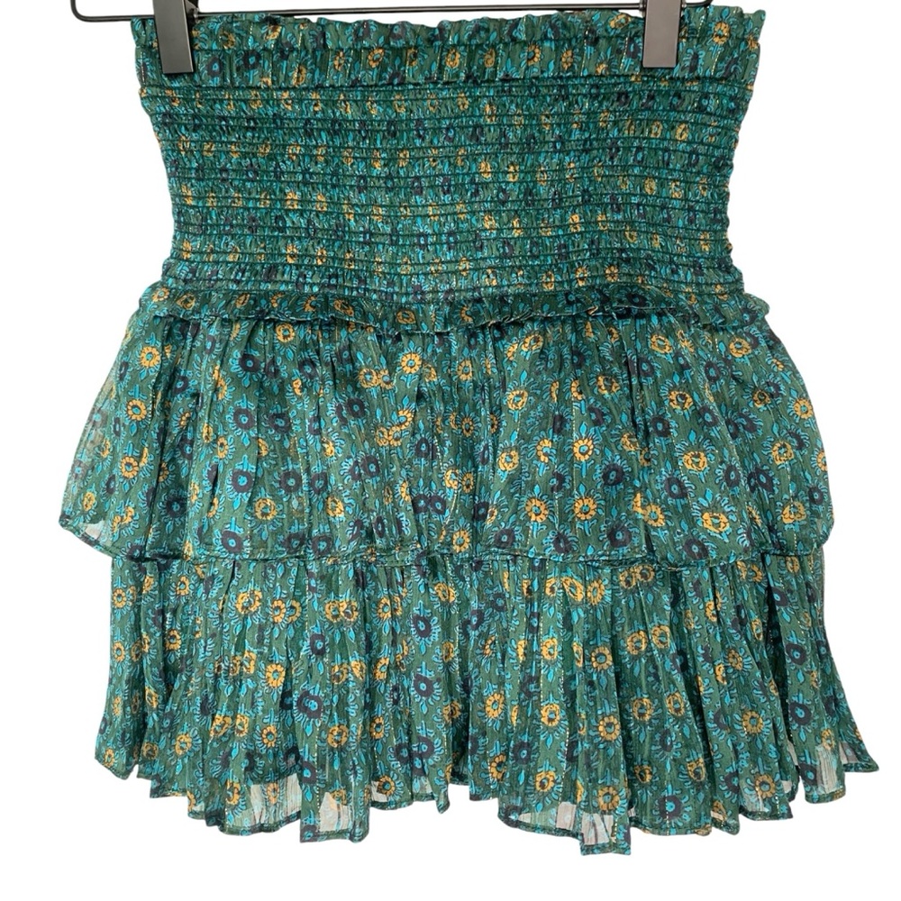NWT Reset by Jane Small Green Floral Metallic Tiered Smocked Muse Mini Skirt